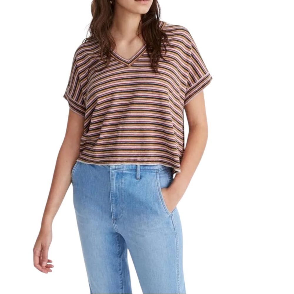 Madewell Retro Striped Boxy Crop V Neck Paulson Sweater Knit Tee Woman's Size S